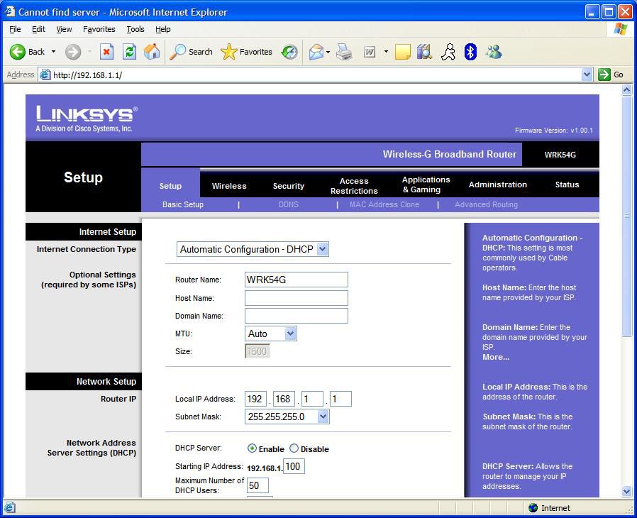 Exemplo - Página inicial do console administrativo do roteador - Linksys WRK54G