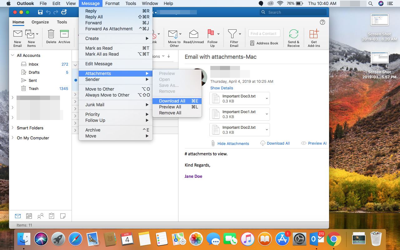 Optar por baixar todos os anexos no Outlook para Mac.