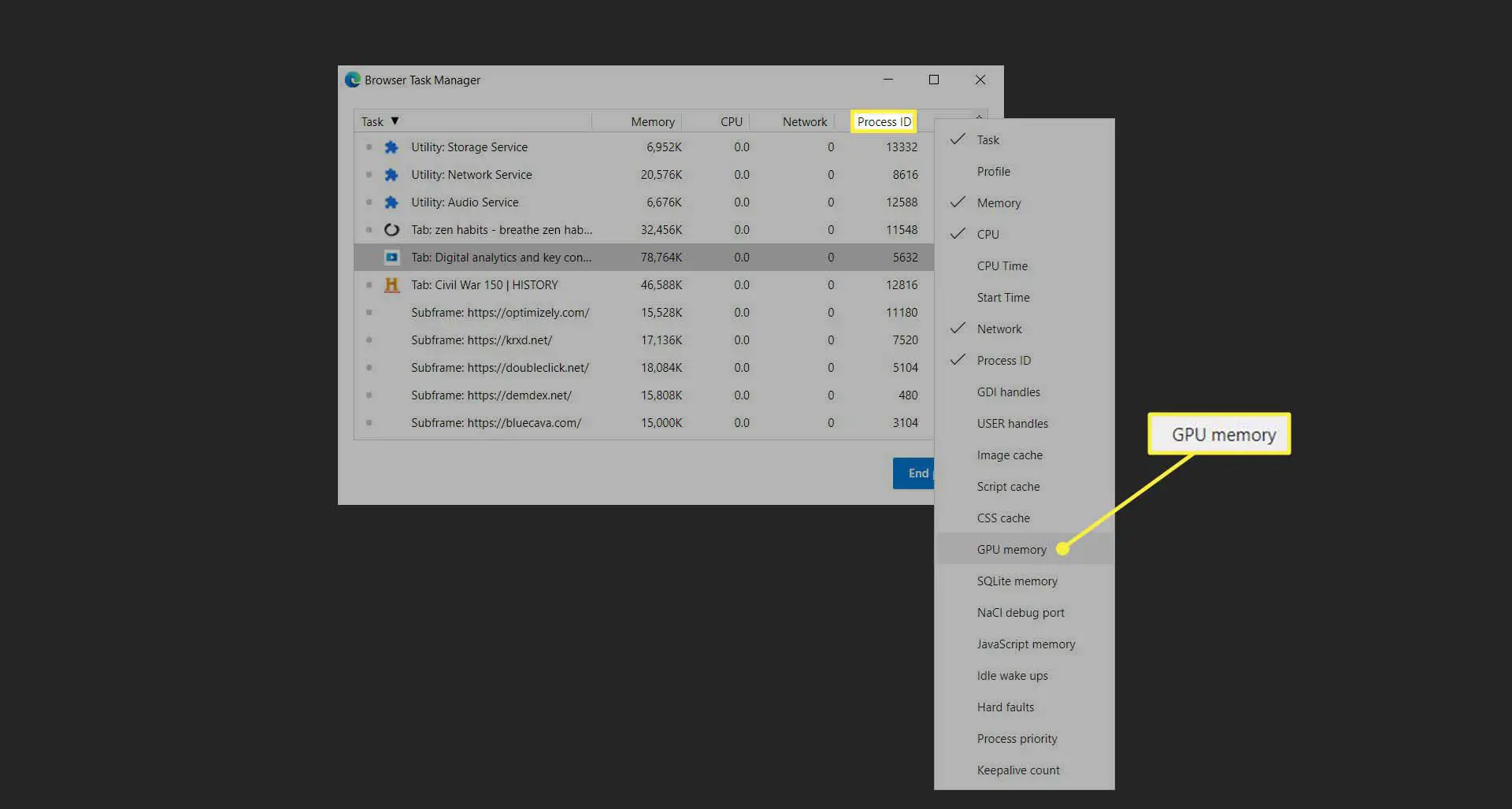 Mais opções na tela do gerenciador de tarefas do Microsoft Edge Browser.