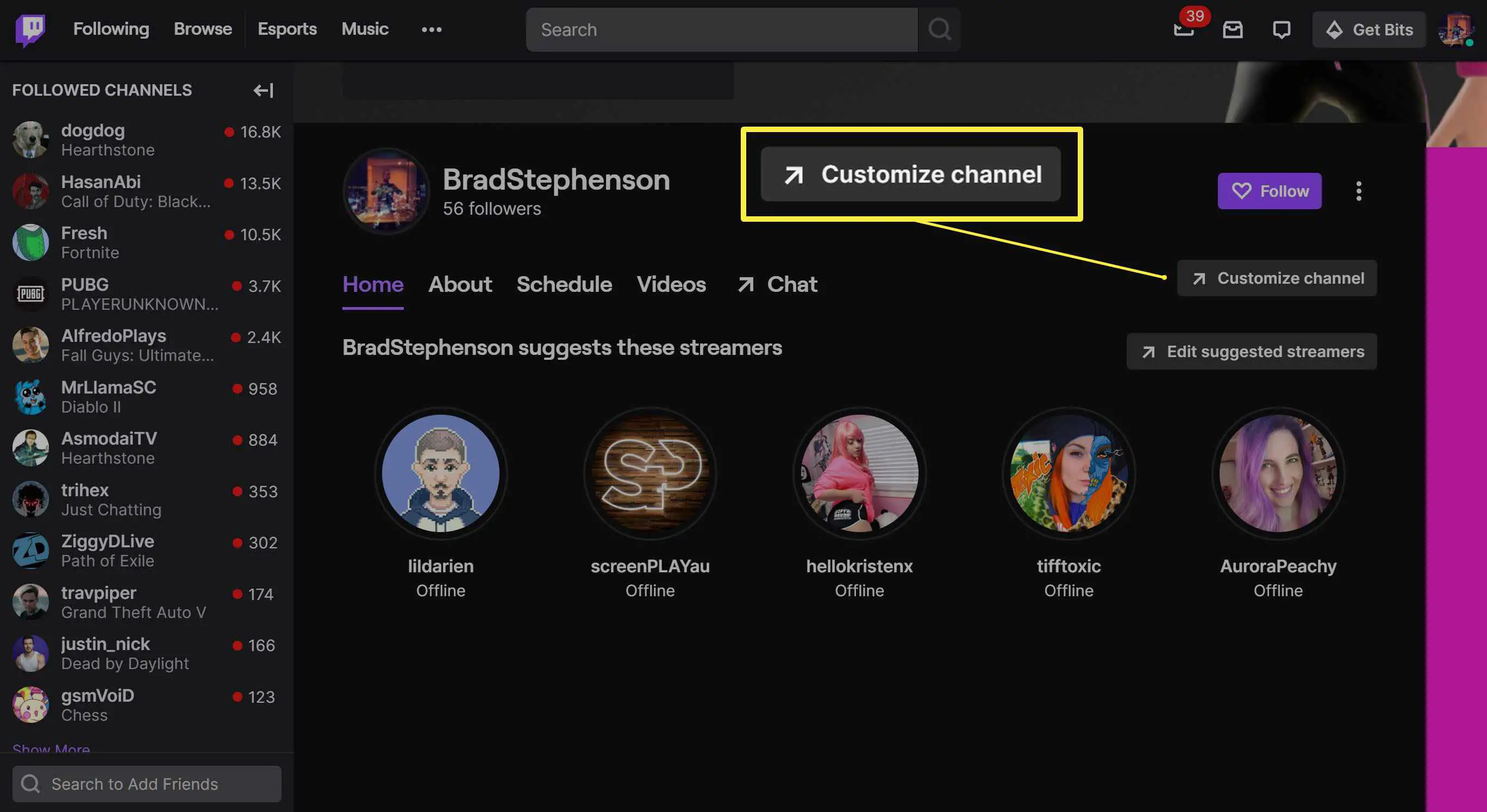 Configurações do canal Twitch com o botão Personalizar canal destacado.