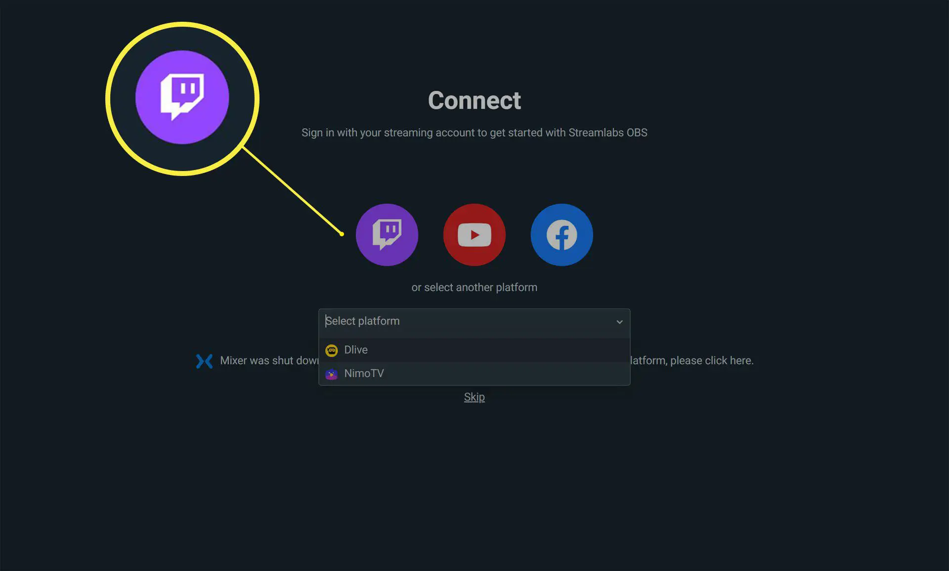 O botão Twitch destacado no Streamlabs OBS.