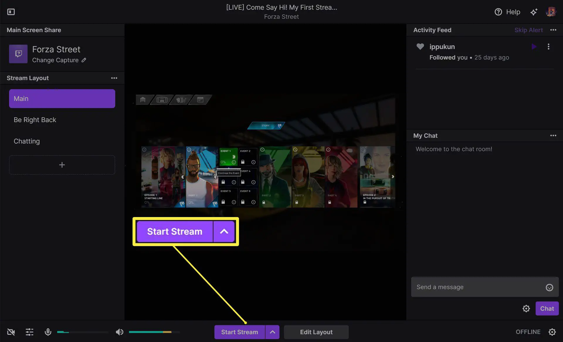 O botão iniciar stream destacado no aplicativo Twitch Studio.