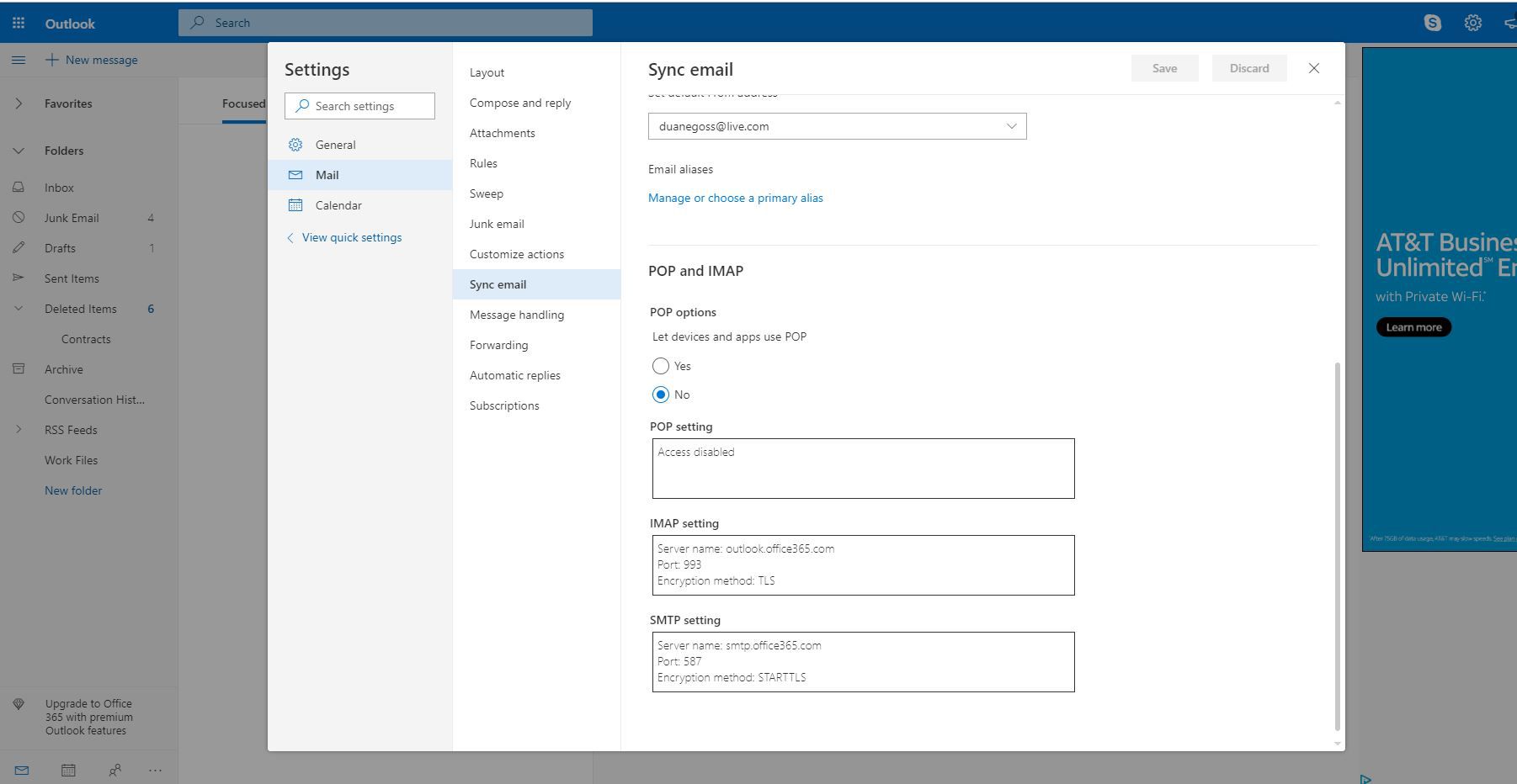Captura de tela de POP e IMAP nas configurações do Outlook.com