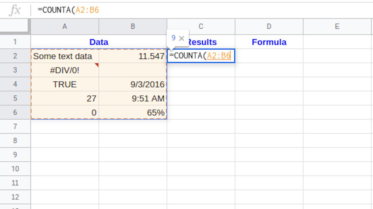 As planilhas do Google destacam o intervalo de fórmulas