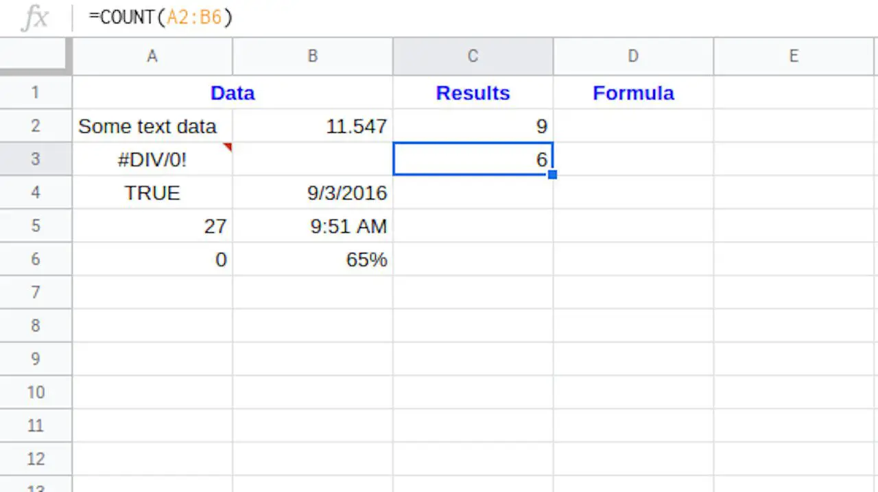 Fórmula COUNT do Planilhas Google