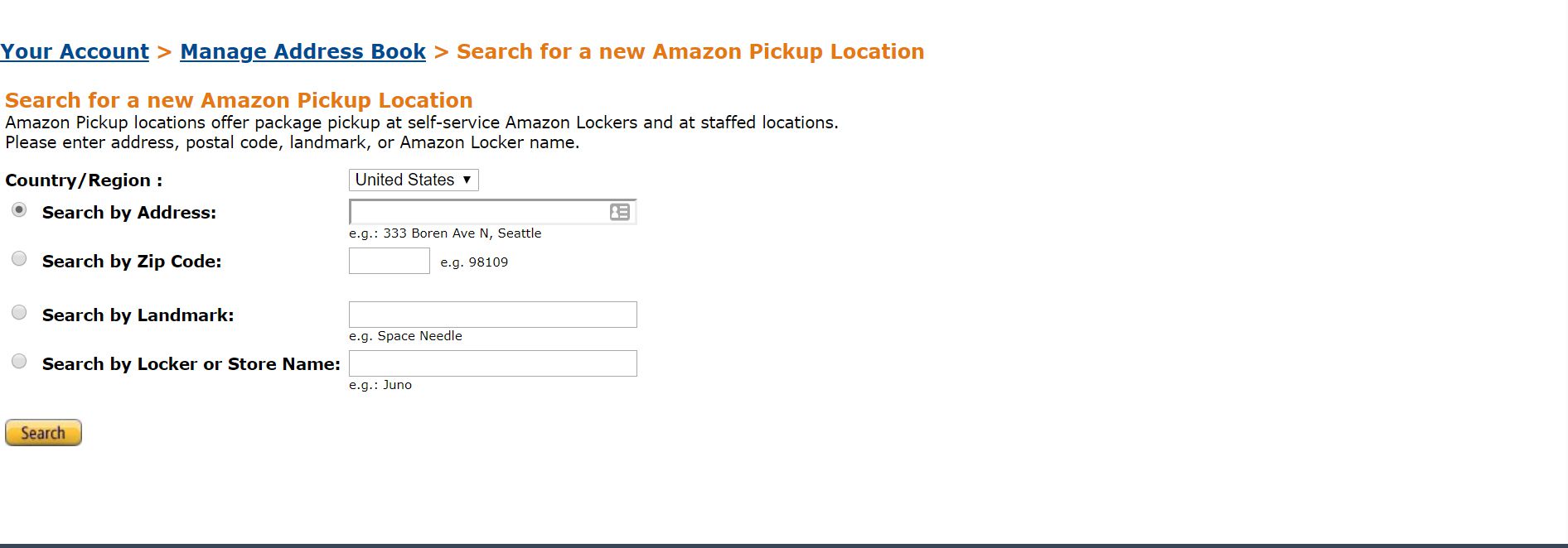 Página de pesquisa do Amazon Locker.