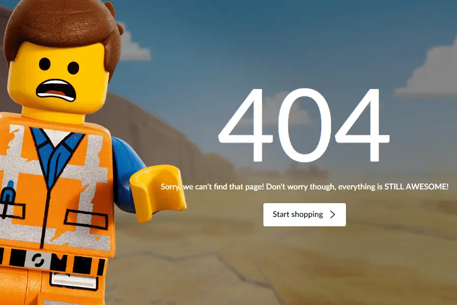 Página de erro 404 assustada da LEGO