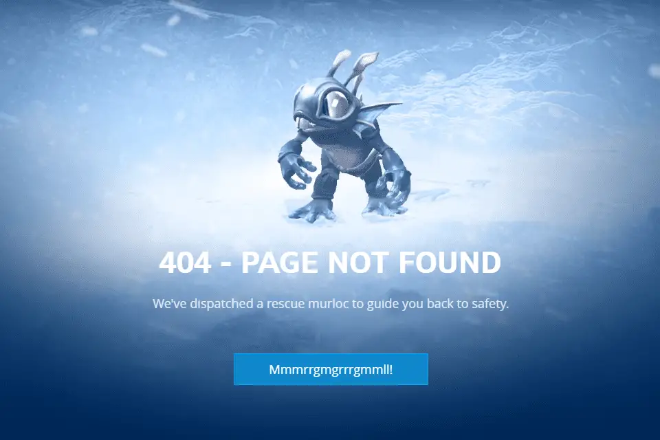 Página de erro Rescue Murloc 404 da Blizzard Entertainment