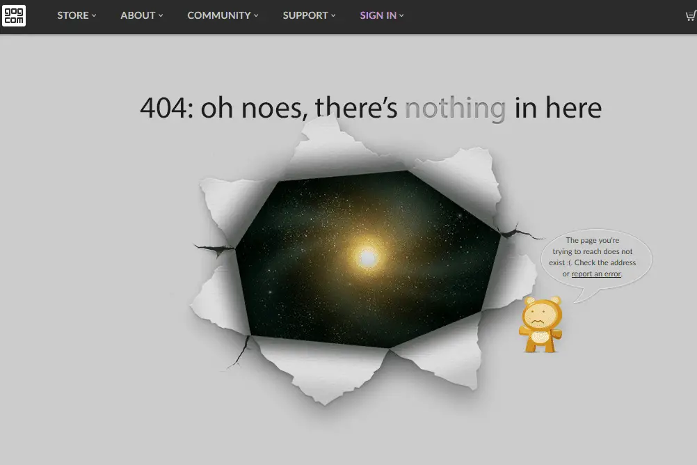 Página de erro universal 404 do GOG.com