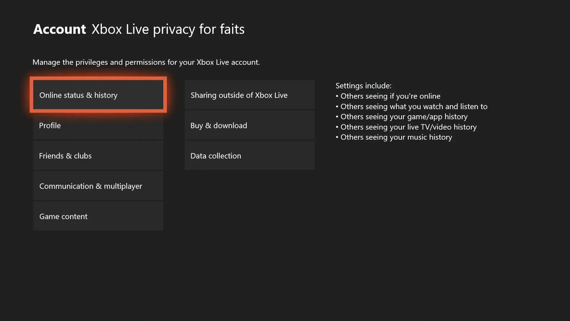 o menu de privacidade do Xbox One Xbox Live