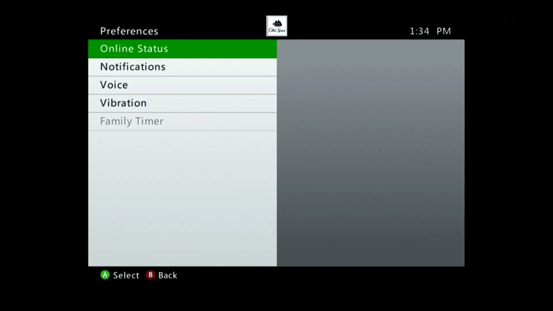 o menu de preferências do Xbox 360