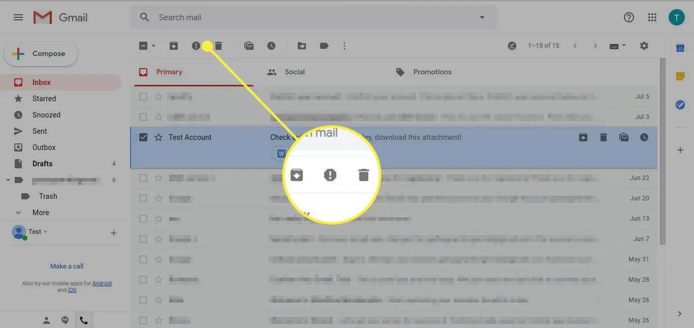 Uma caixa de entrada do Gmail com o botão Spam destacado