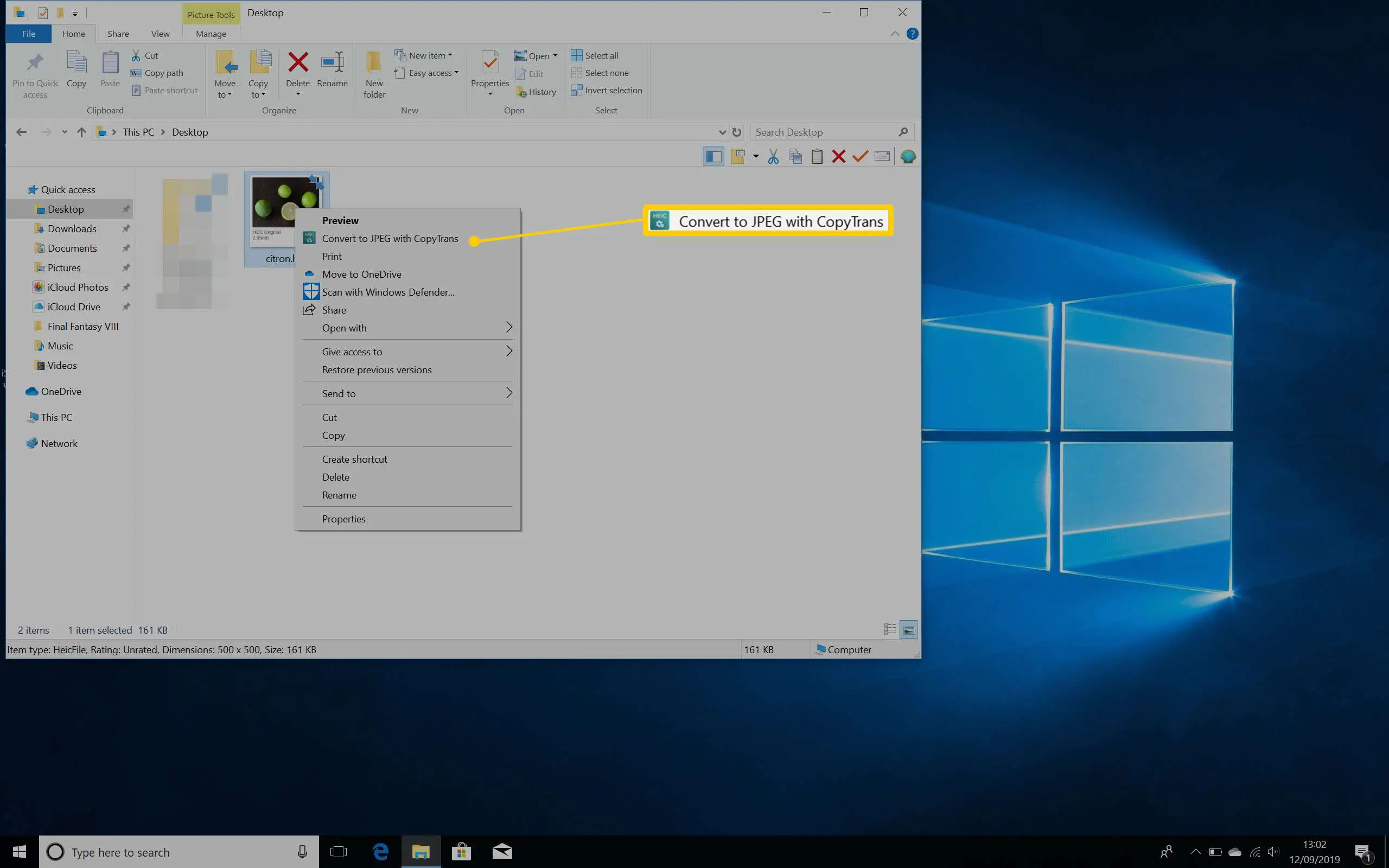 Área de trabalho do Windows 10 com um menu clicado com o botão direito destacado exibindo Converter para JPEG com CopyTrans