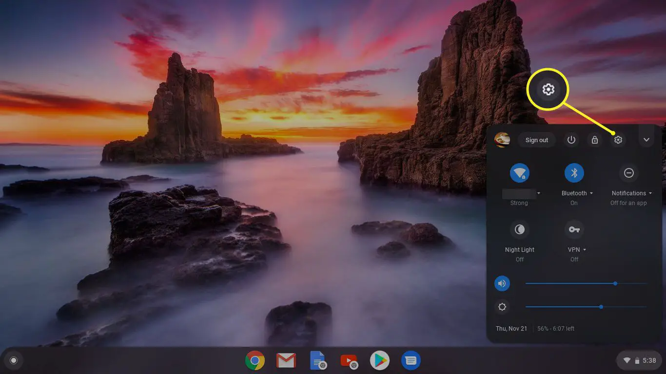 Ícone de engrenagem selecionado no menu do Chromebook