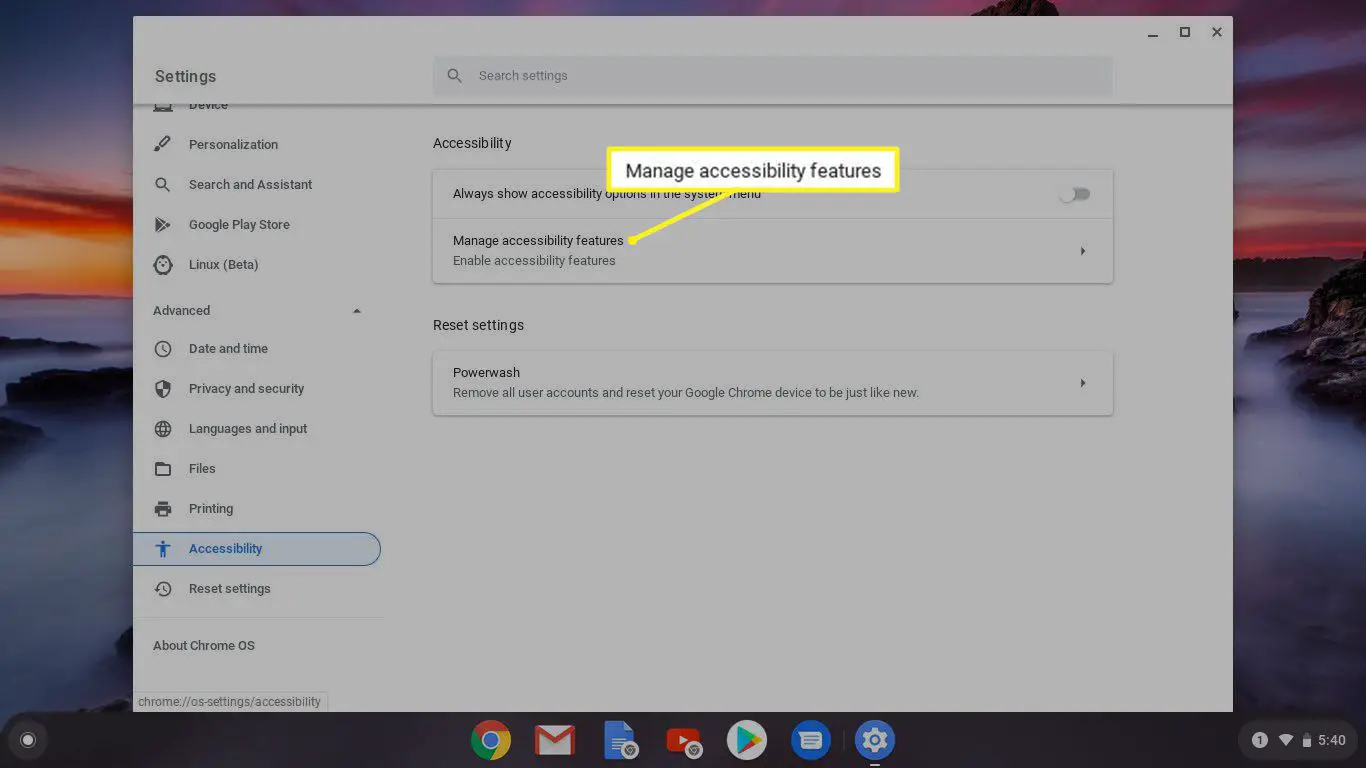 Configurações de acessibilidade do Chromebook.