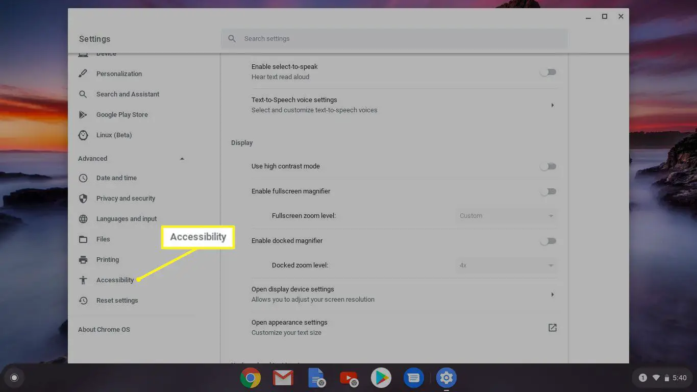 Acessibilidade destacada nas configurações do Chromebook