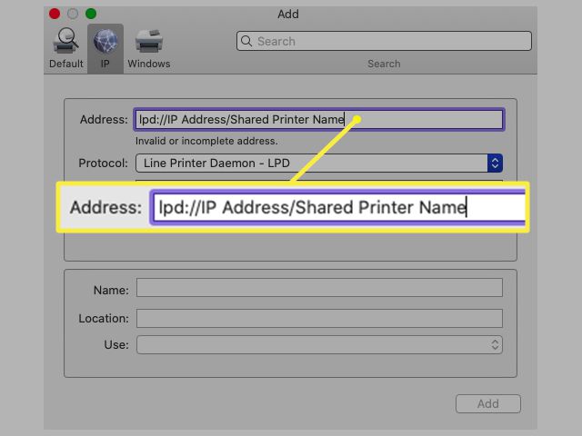 Adicionando endereço IP para impressora