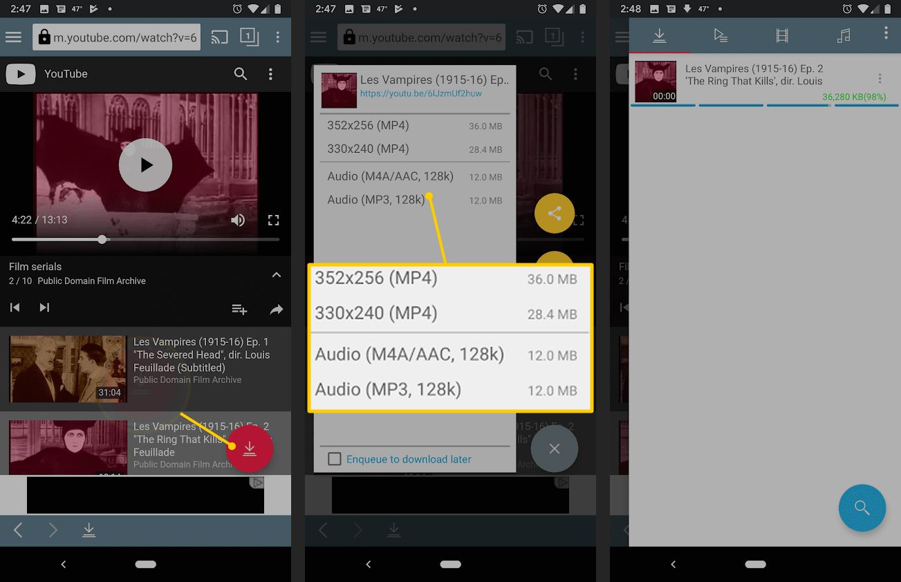 Botão de download do TubeMate, resolução de vídeo no Android