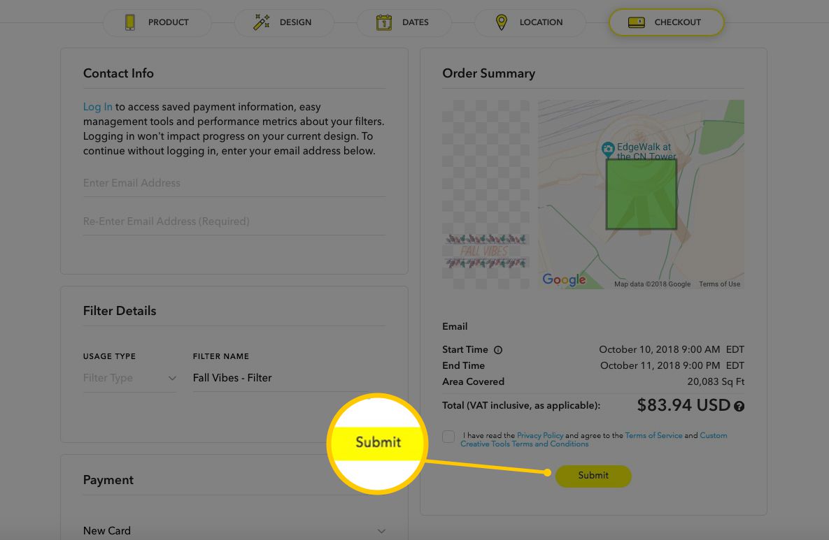 Tela de pagamento no Snapchat.com para filtros personalizados, incluindo o botão Enviar