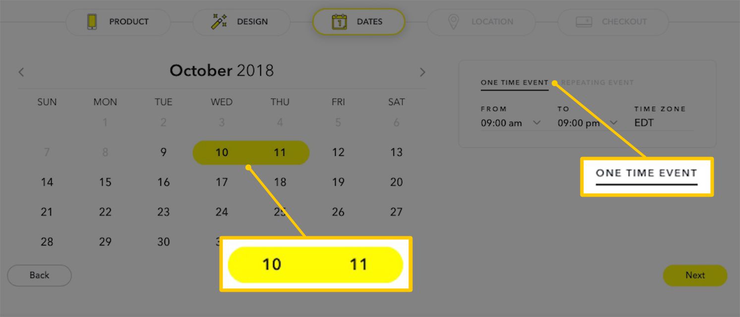 Captura de tela das opções de data ativa do filtro do Snapchat.com, com calendário e tipo de evento