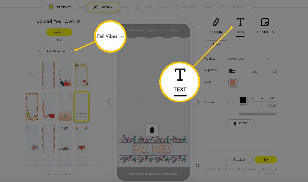 Opções de criação de filtro personalizado do Snapchat.com, destacando o tema Fall Vibes e as opções de texto