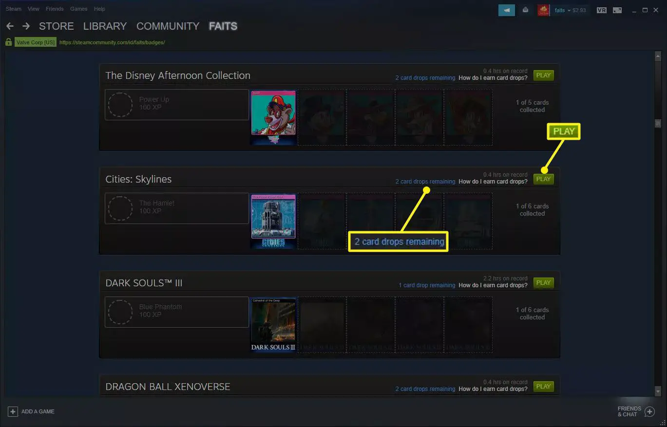 A tela Steam Badget mostrando jogos com emblemas disponíveis