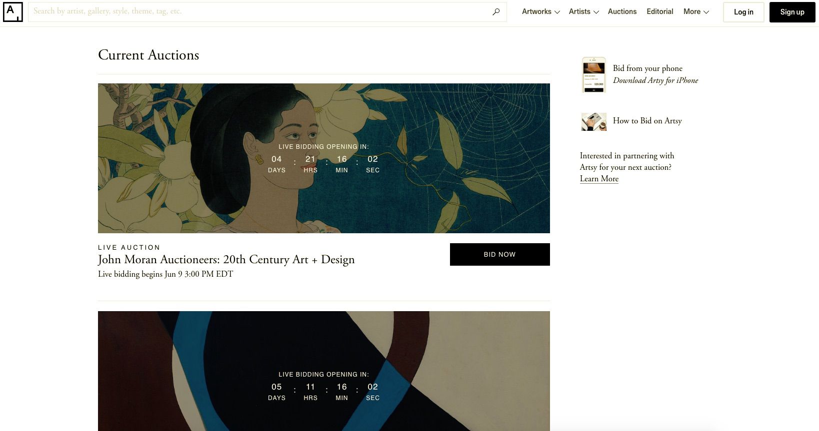 Site de leilão de arte online artístico.