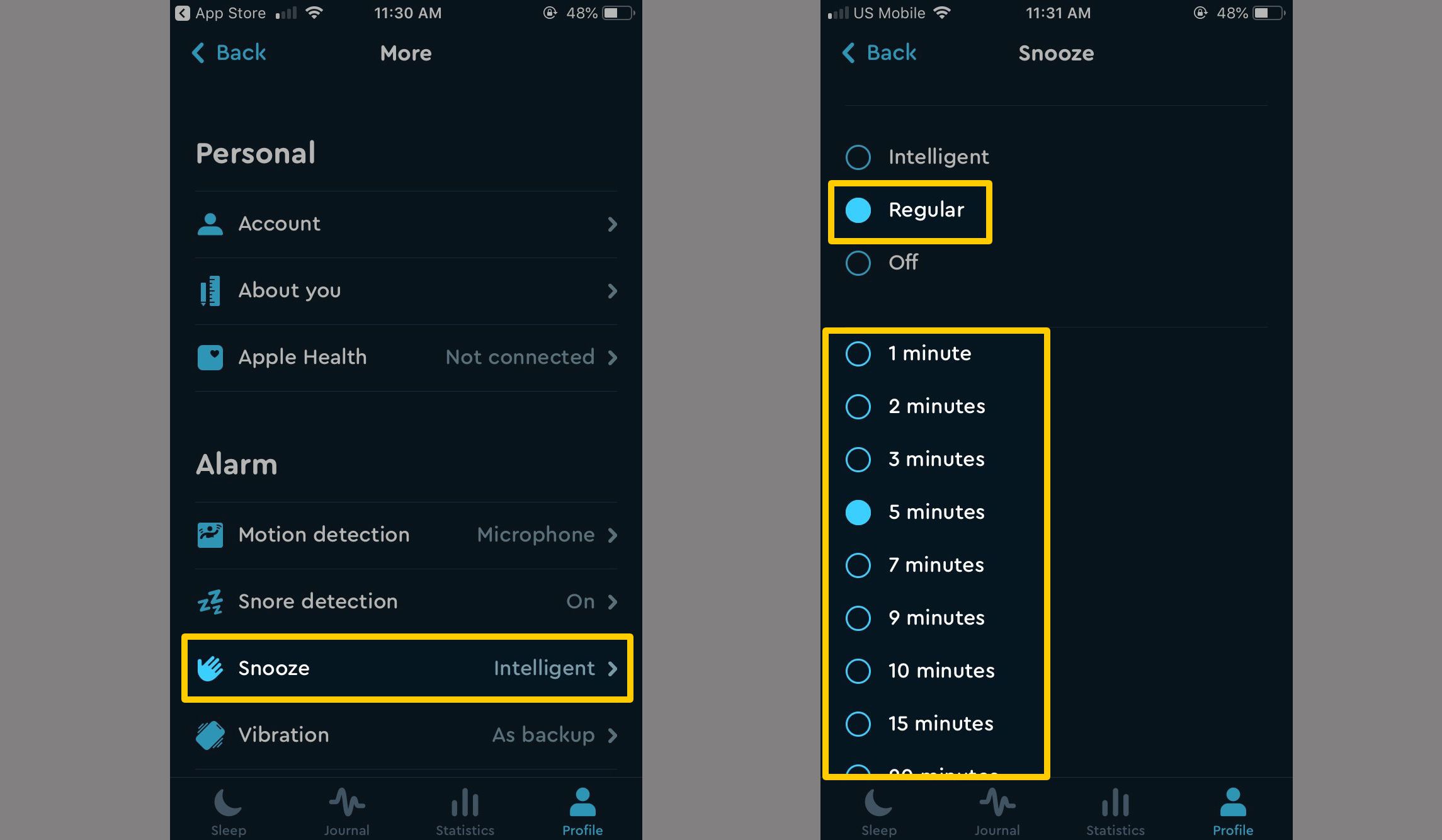 Aplicativo Sleep Cycle, mostrando como alterar o intervalo de soneca.