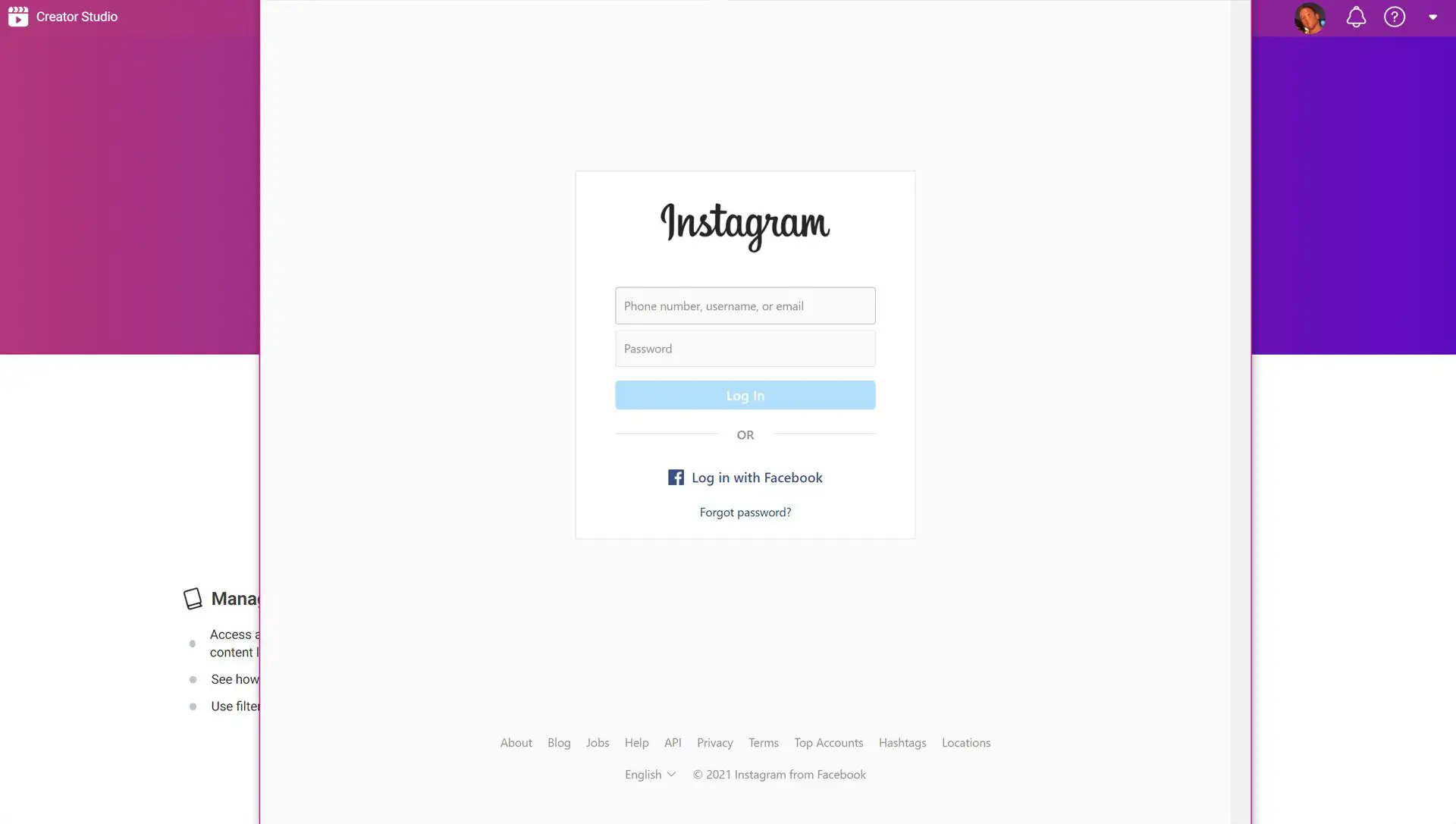 Site do Instagram Creator Studio.