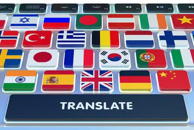 Teclado com bandeiras do país e botão de traduzir