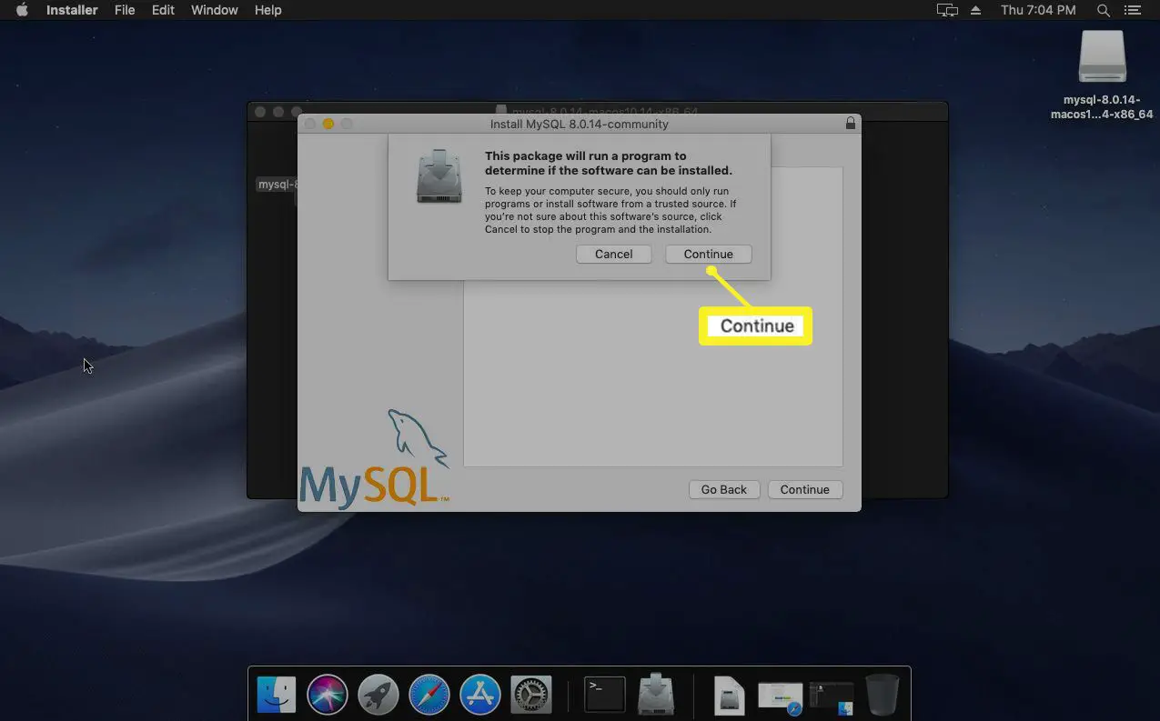 O instalador verifica se o Mac pode executar o MySQL