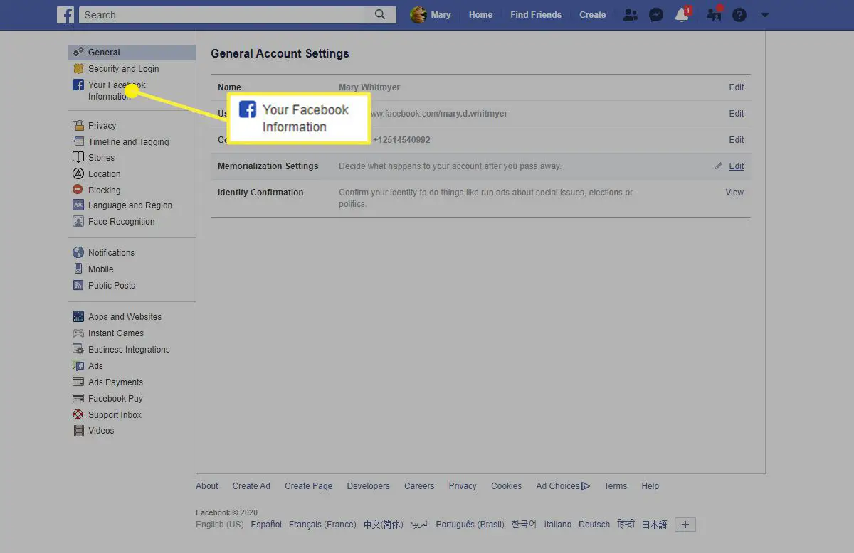 A localização de suas informações do Facebook no Facebook em um navegador.