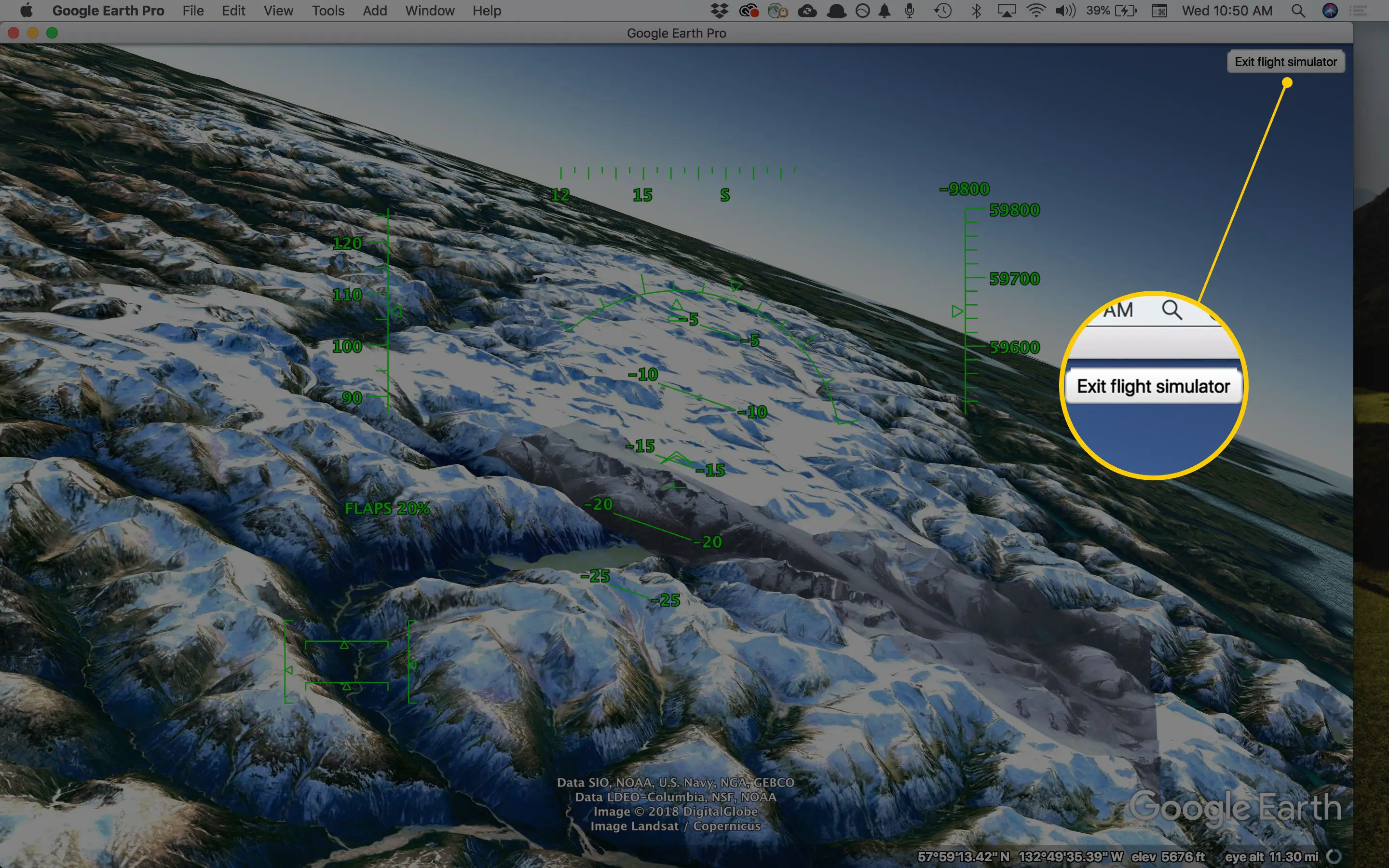 Captura de tela do botão Sair do simulador de vôo no Google Earth Pro (Mac)