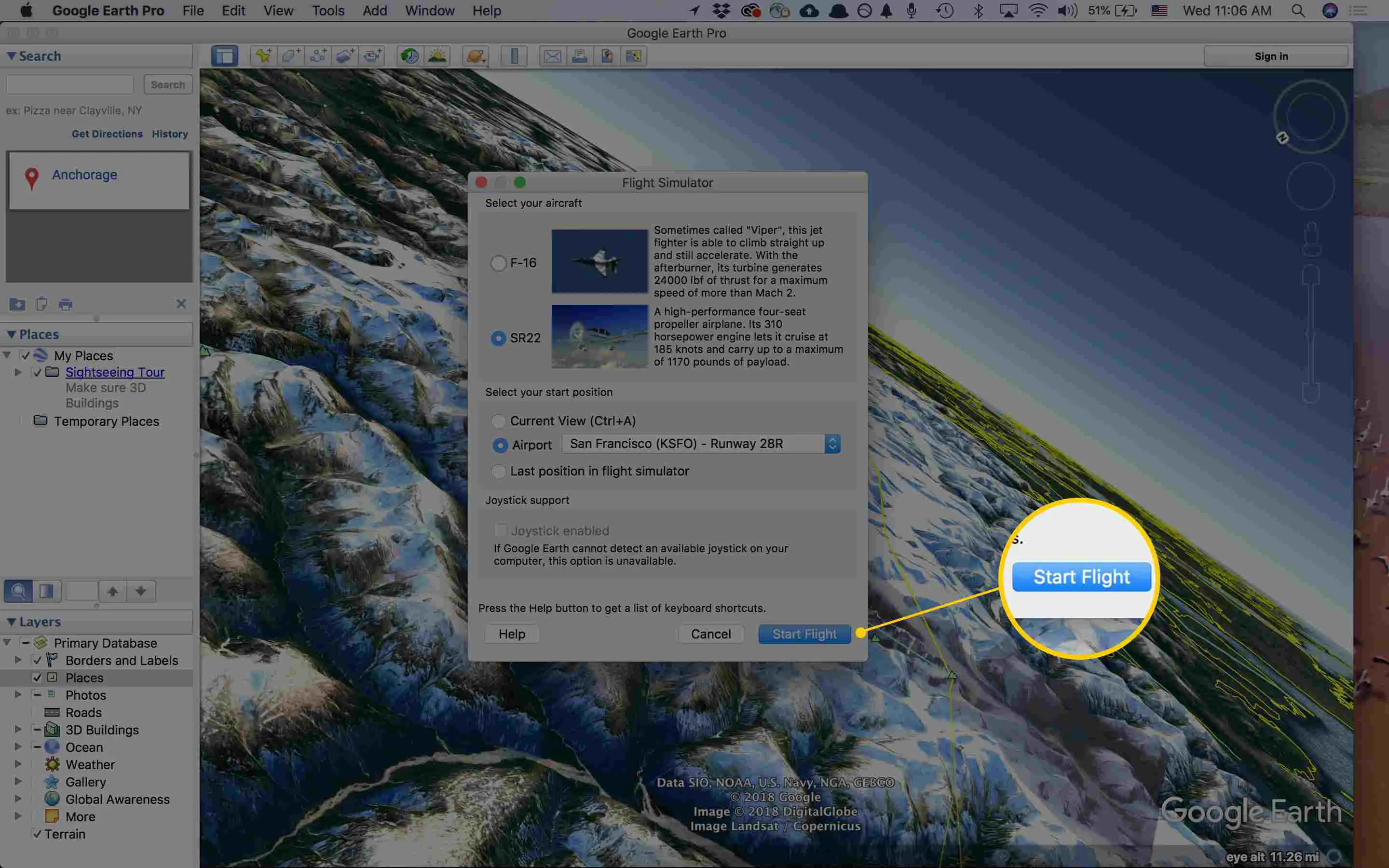 Captura de tela do botão Iniciar voo do Google Earth Pro (Mac)