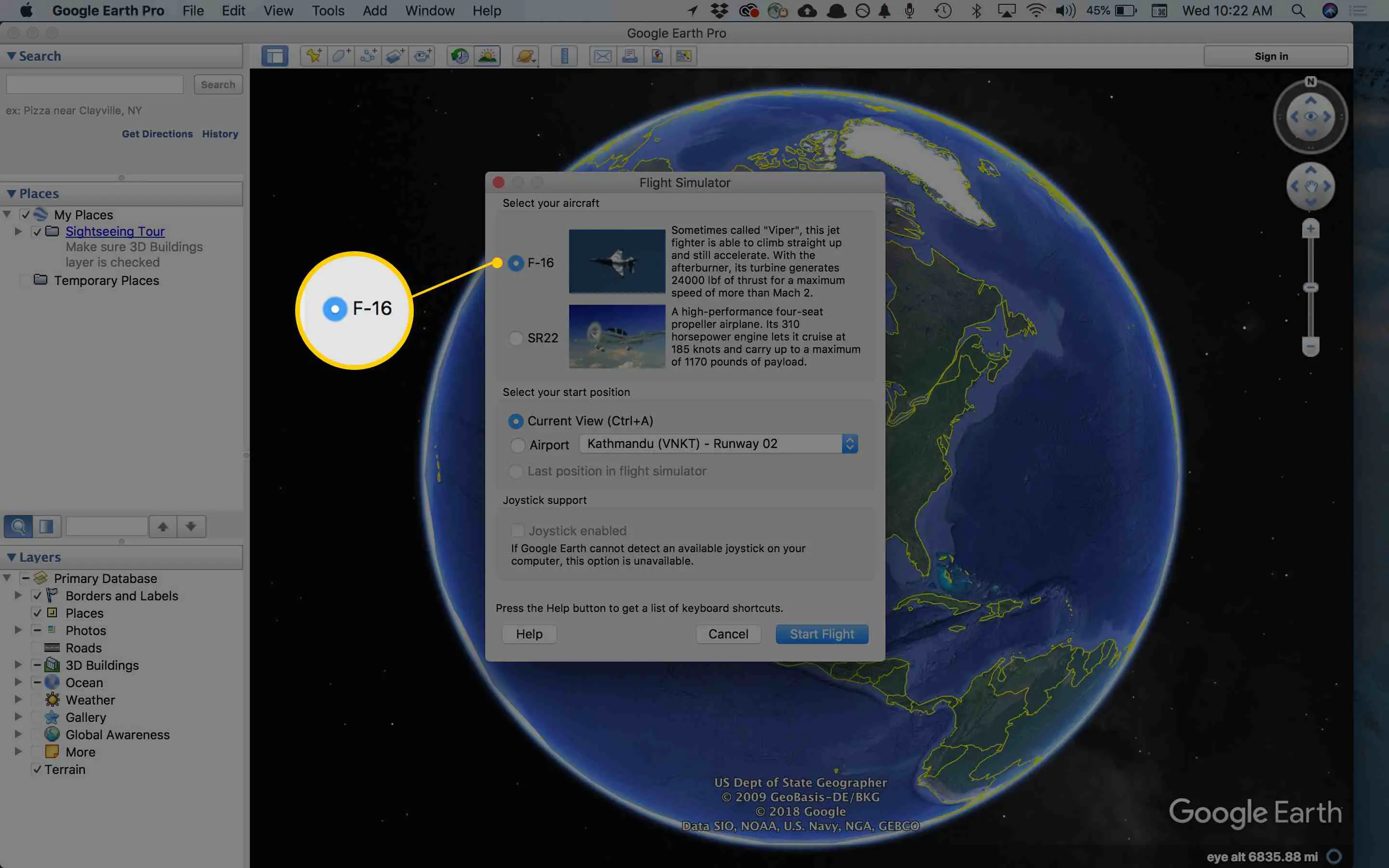 Captura de tela das opções de avião no simulador de vôo do Google Earth (Mac)