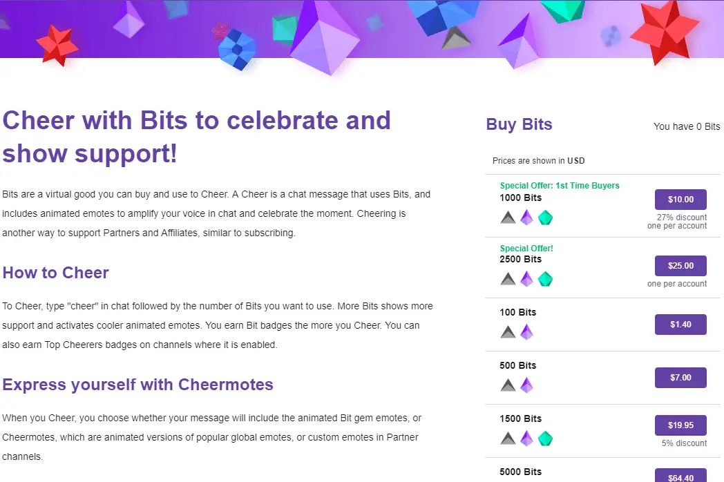 Página de compra de bits do Twitch