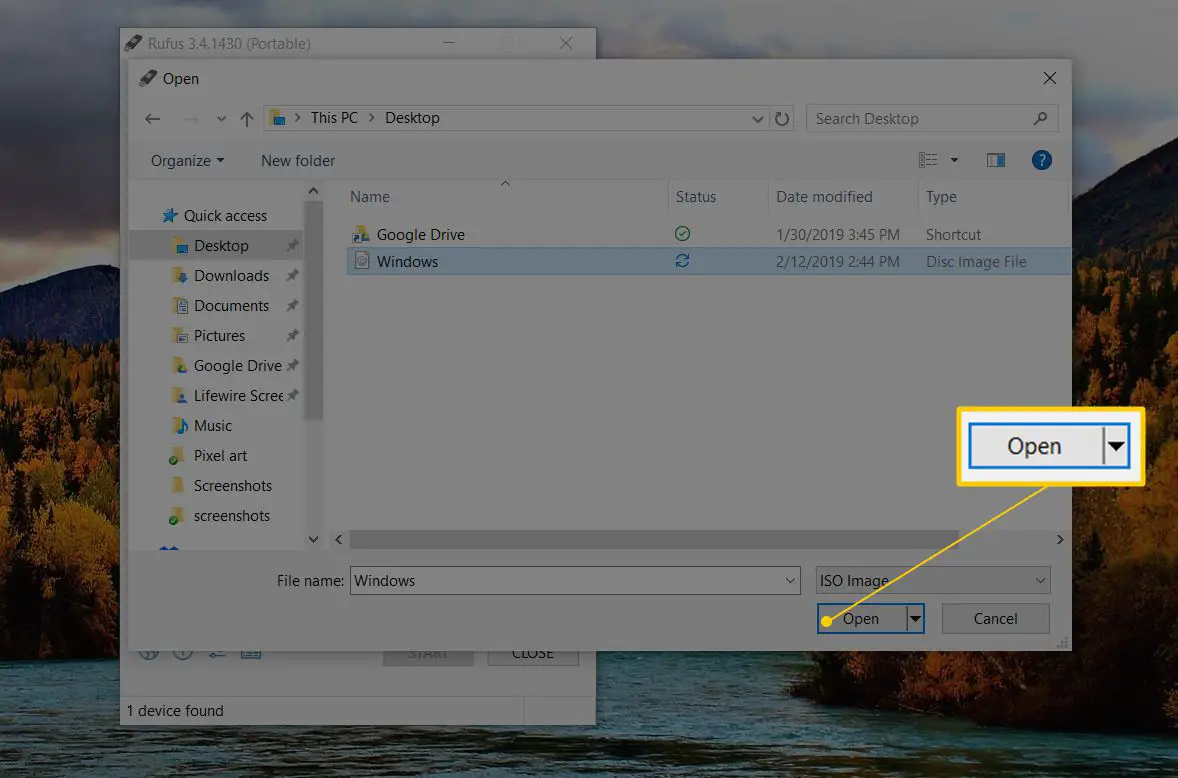 Botão Abrir com Windows10 ISO selecionado no Explorador de Arquivos