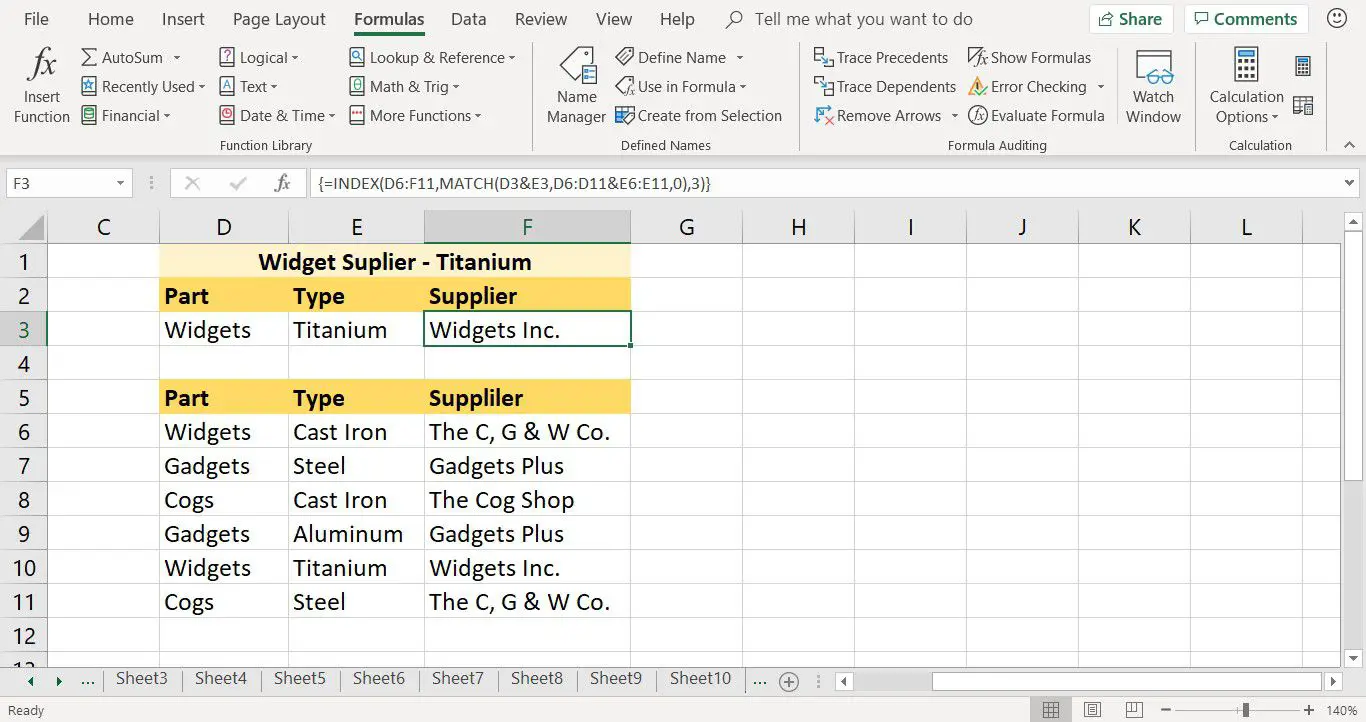 Os resultados da função INDEX concluída no Excel