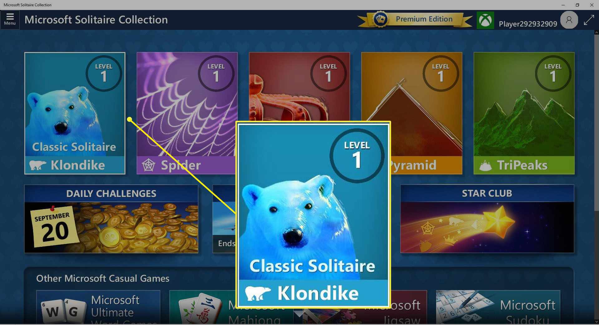 Captura de tela do Classic Solitaire (Klondike) na coleção MS Solitaire