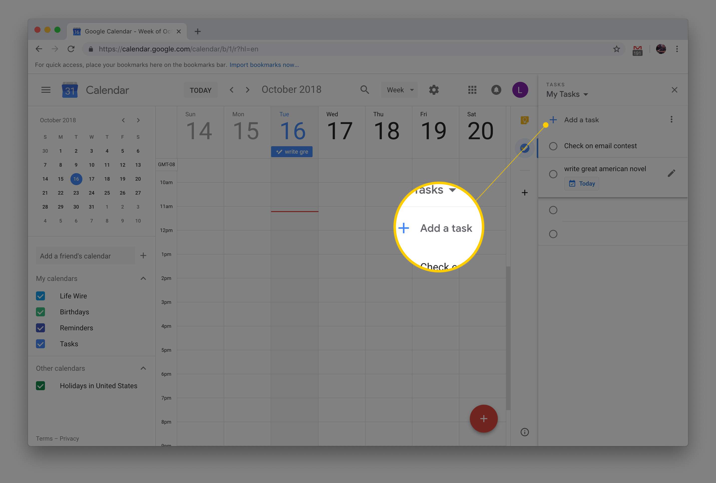 Adicionar um botão de tarefa no Google Agenda por meio da versão macOS do Chrome