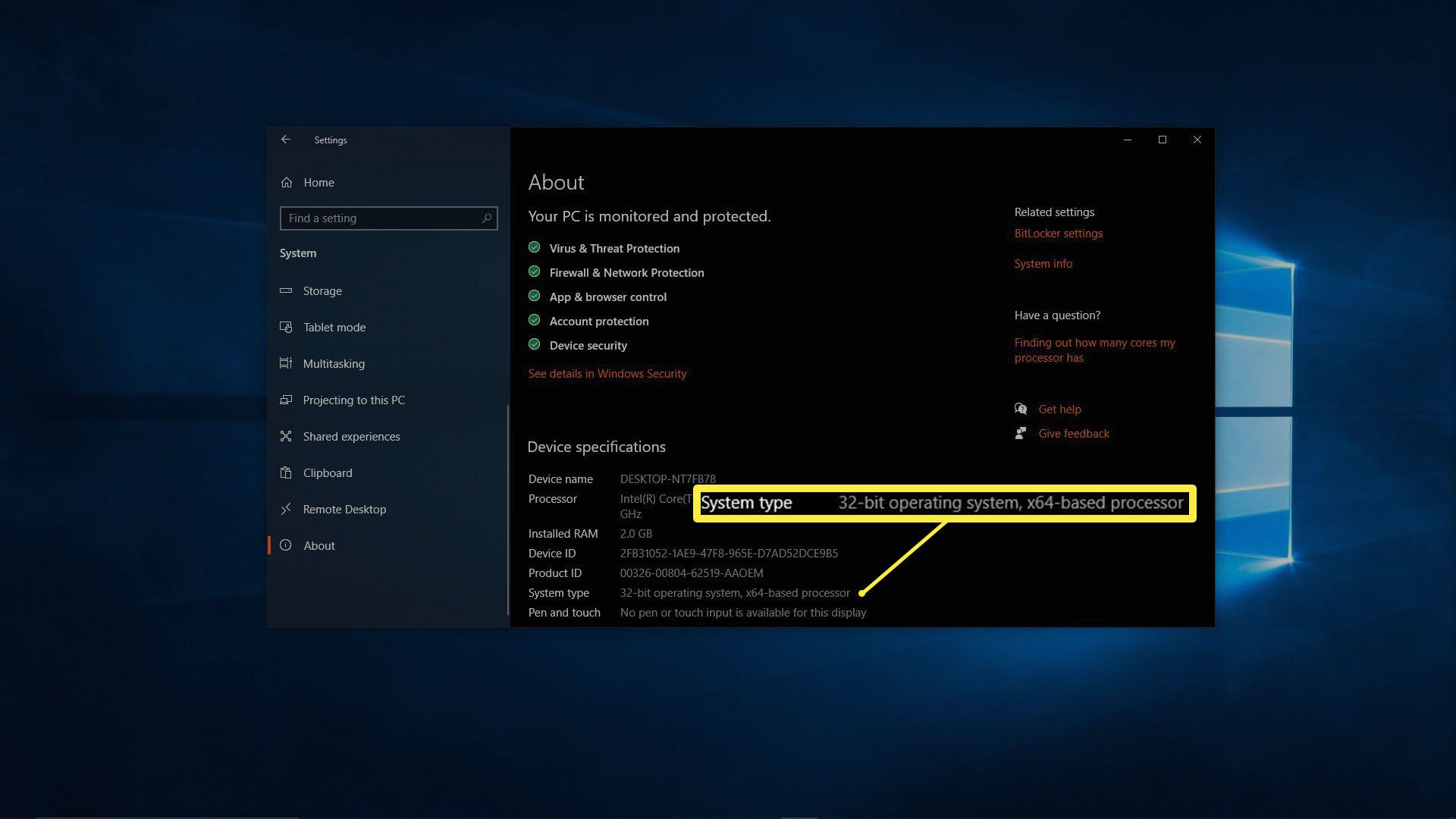 Uma captura de tela da tela Sobre no Windows 10.