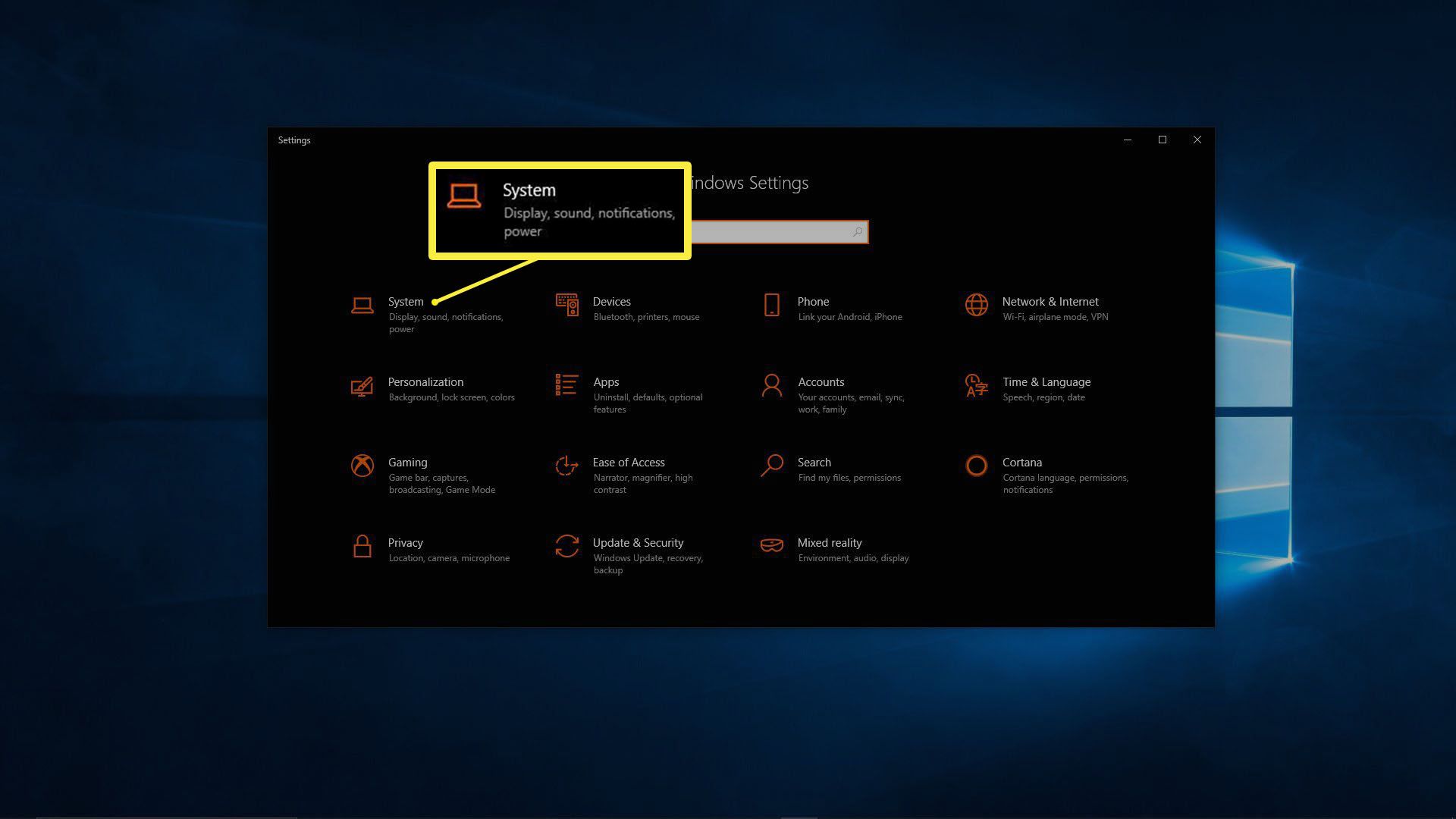 Uma captura de tela do menu de configuração do Windows 10.