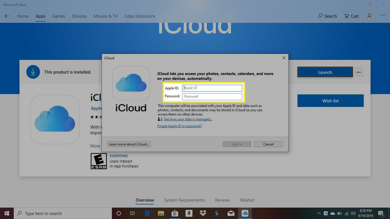 iCloud no Windows com a tela de login do Apple ID aberta