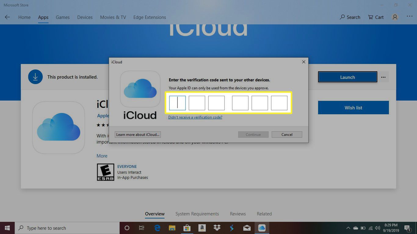 Tela de autorização de duas etapas para iCloud para Windows
