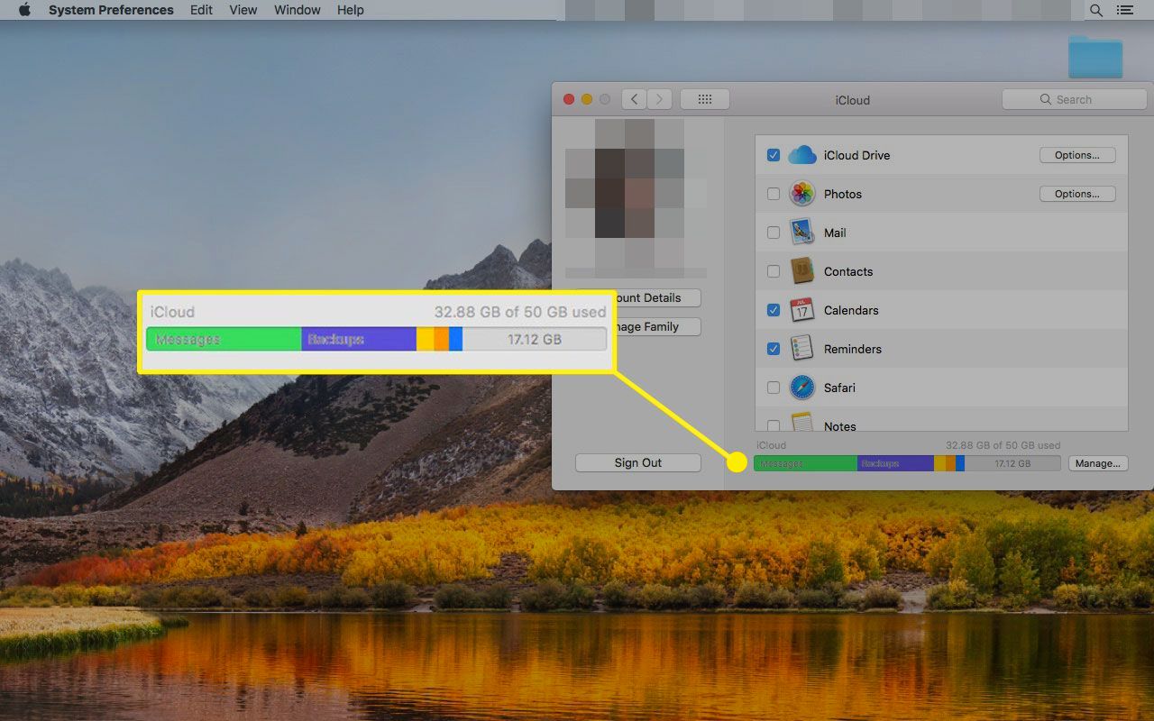 Configurações do iCloud em um Mac com o gráfico de armazenamento do iCloud em destaque