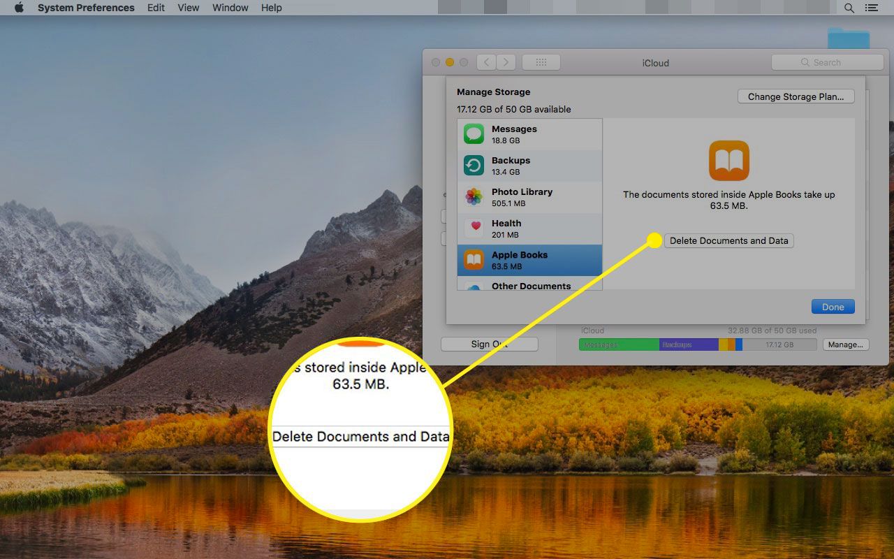Configurações do iCloud em um Mac com o botão "Excluir documentos e dados" destacado