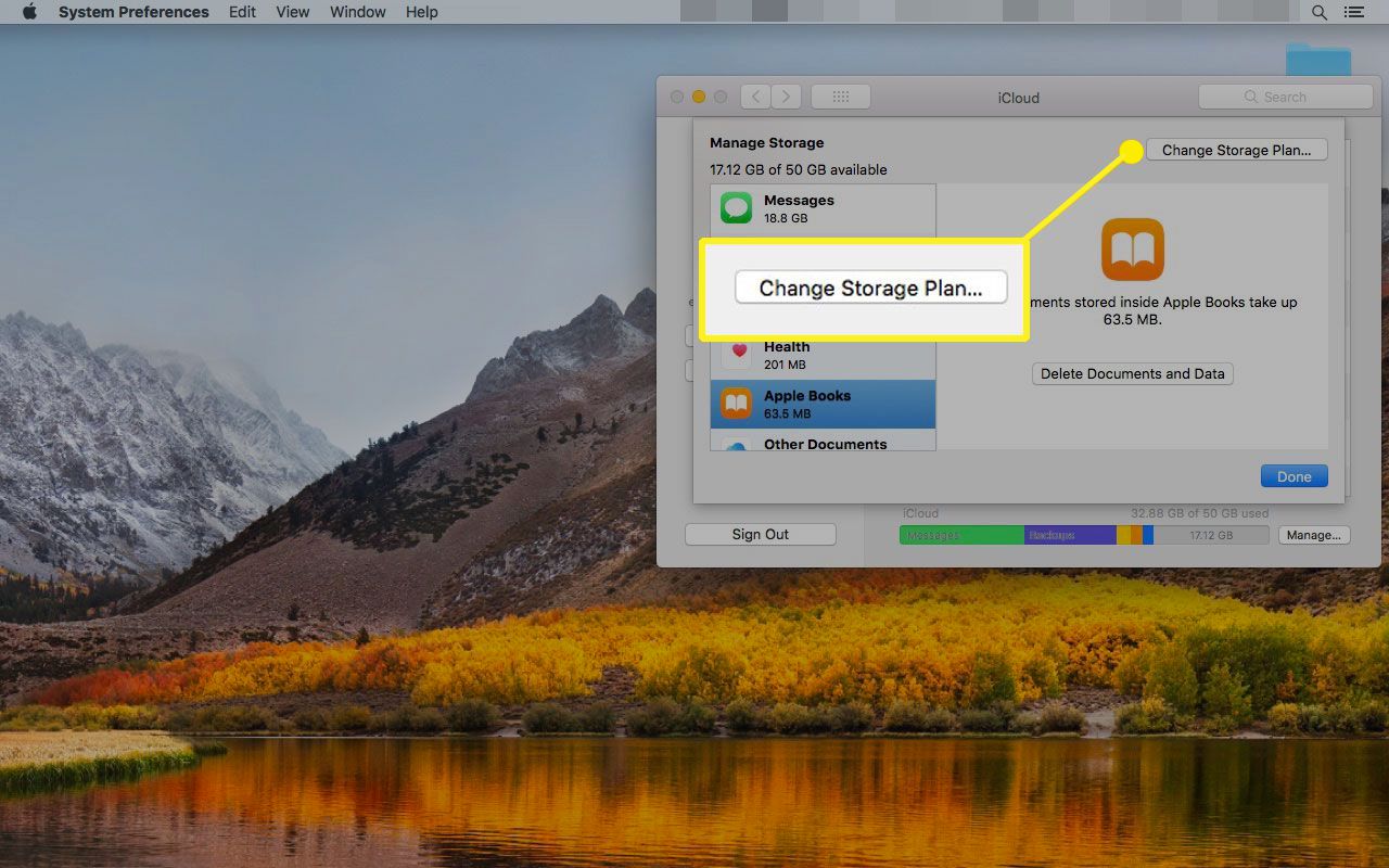 Configurações do iCloud em um Mac com o botão Alterar plano de armazenamento destacado