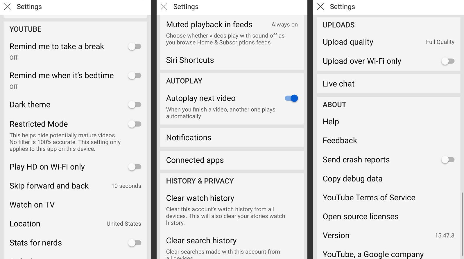 Configurações do YouTube para celular