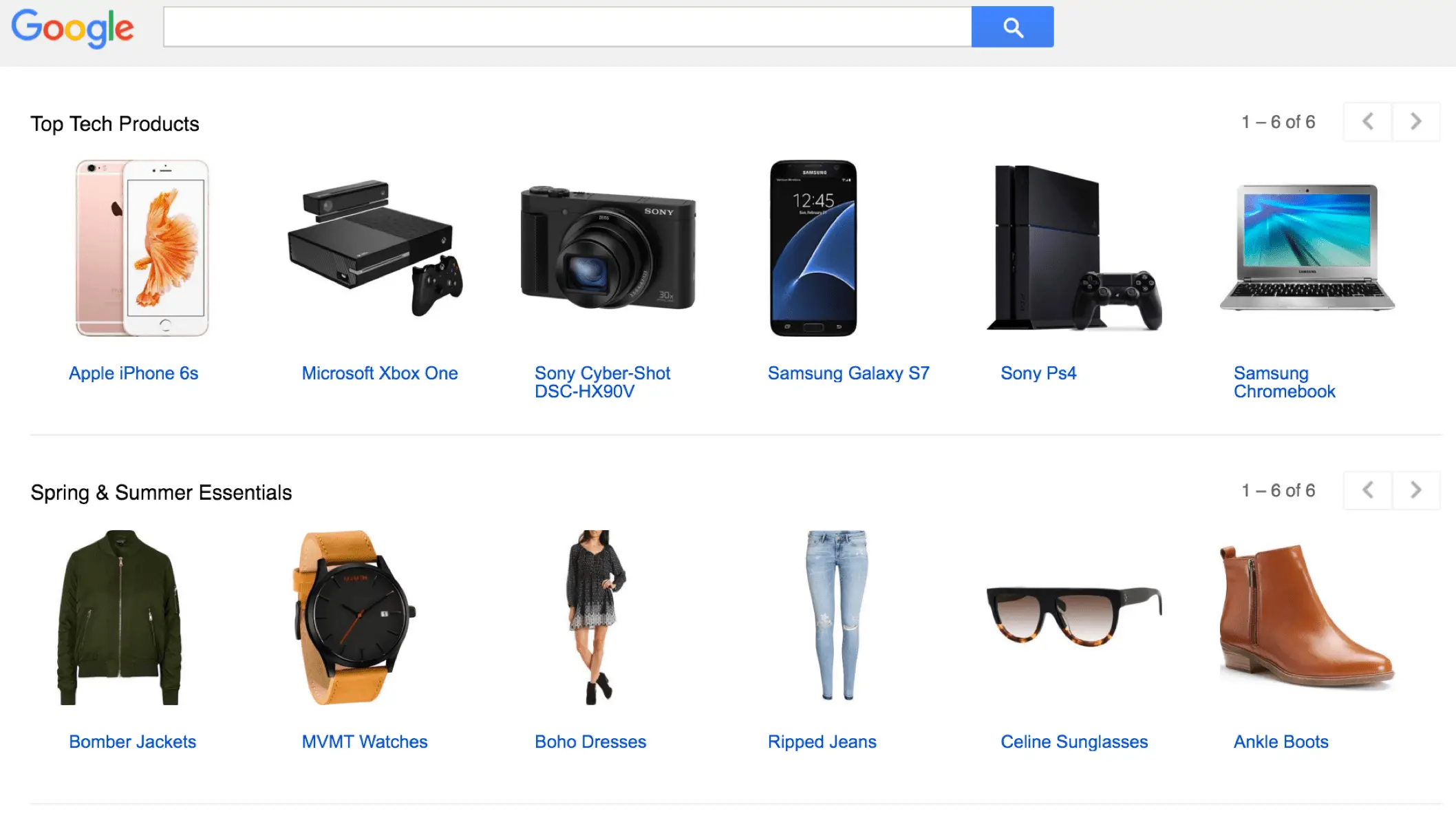 Captura de tela da página de pesquisa do Google Shopping