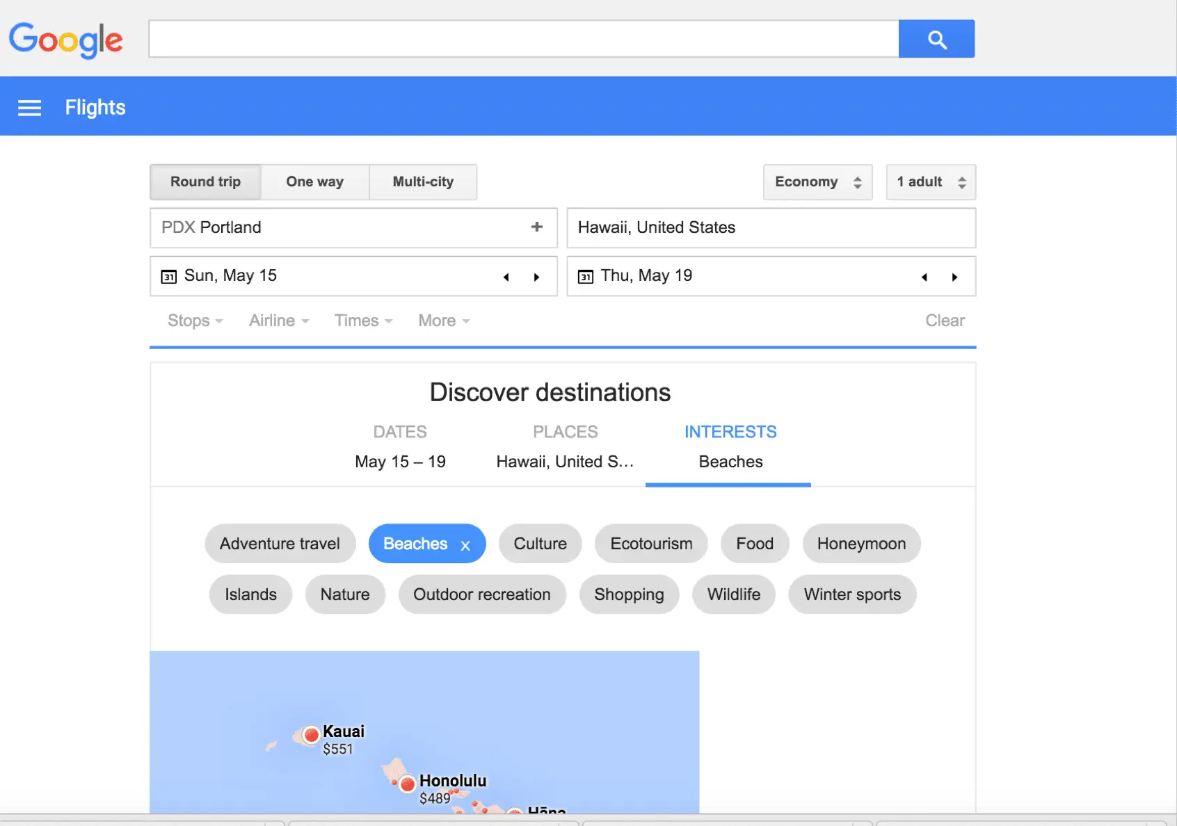 Exemplo de captura de tela da pesquisa de voos do Google